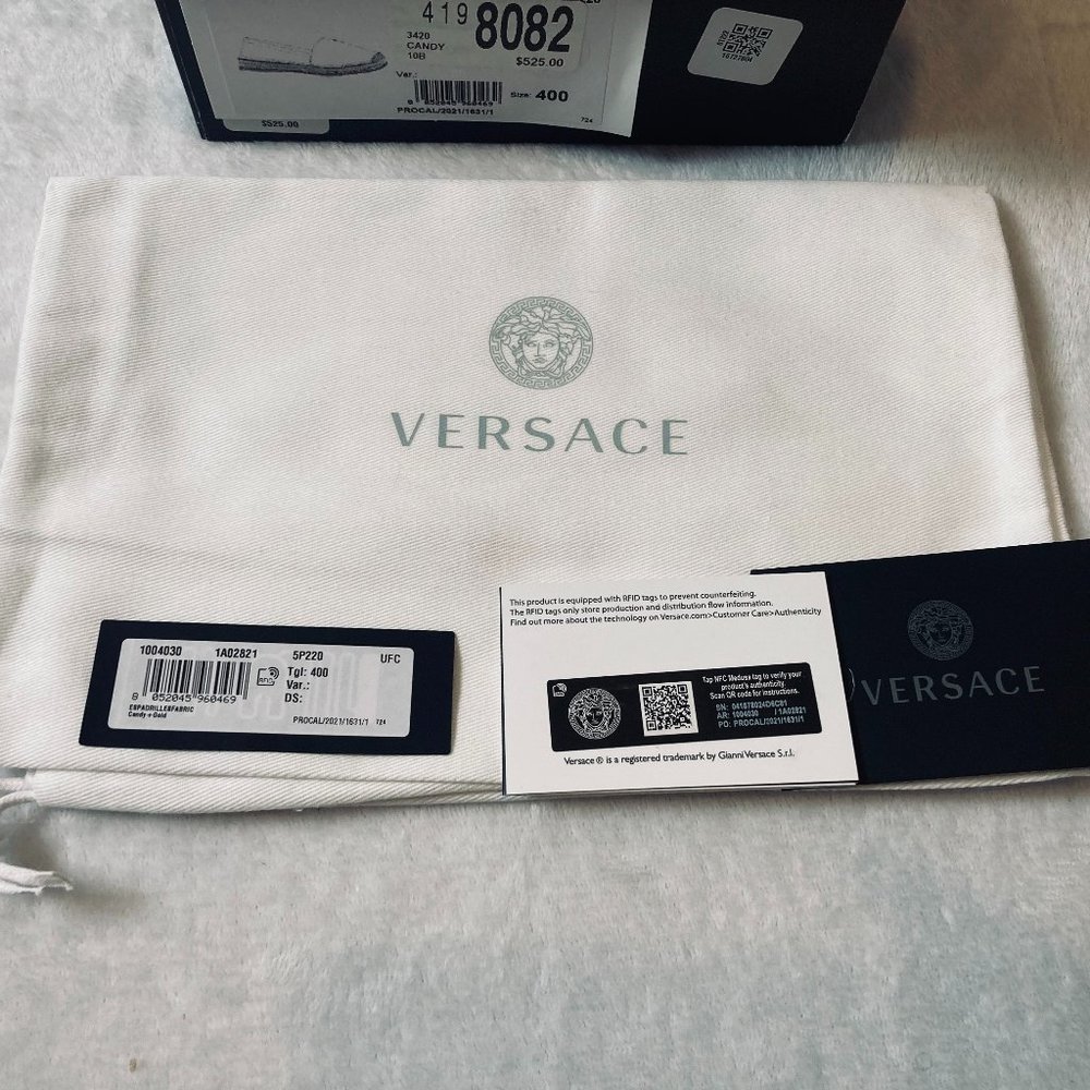 Versace Chain-Print Cotton Espadrille Loafers Pink Size 10B New In Box Authentic - Picture 2 of 13